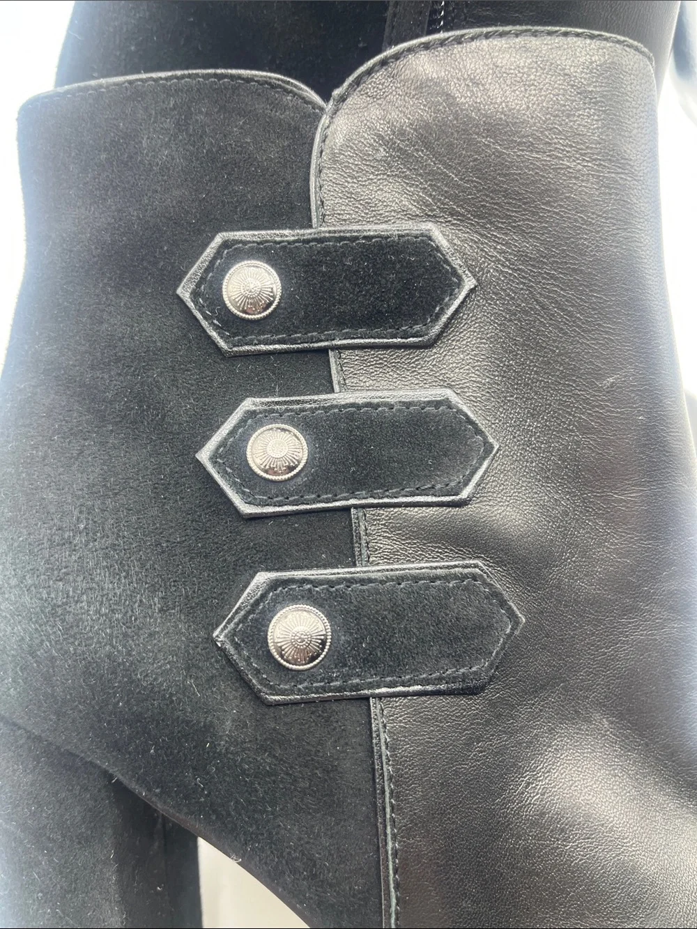 White House Black Market Black Leather & Suede Block Heel Ankle Boots
